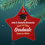 Red Graduate Personalized Graduation Star Ceramic Ornament<br><div class="desc">This modern red and white custom graduation star Christmas ornament features classy typography of your university or college name for the class of 2025. Customize with your graduating year under the chic handwritten script and black grad cap for a great personalized graduate gift</div>