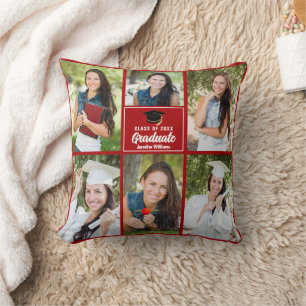 Red Graduate Photo Collage Custom Graduation Throw Pillow