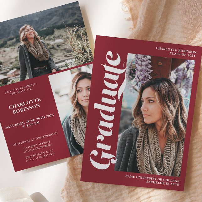 Red graduate script 3 photo graduation invitation (Red graduate script 3 photo graduation invitation)