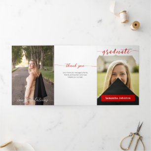 Red Graduate Script Modern Three Photo Tri-Fold Invitation