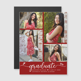 Red Graduation 4 Photo Script Hearts Modern Girly Magnetic Invitation