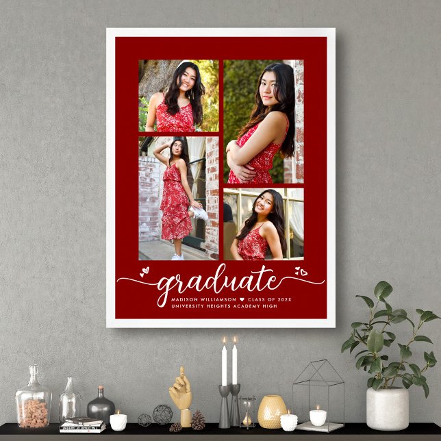 Red Graduation 4 Photo Script Hearts Modern Girly Poster (Creator Uploaded)