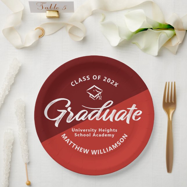 Red Graduation Bold Retro Script Cap Icon Minimal Paper Plate (Wedding)