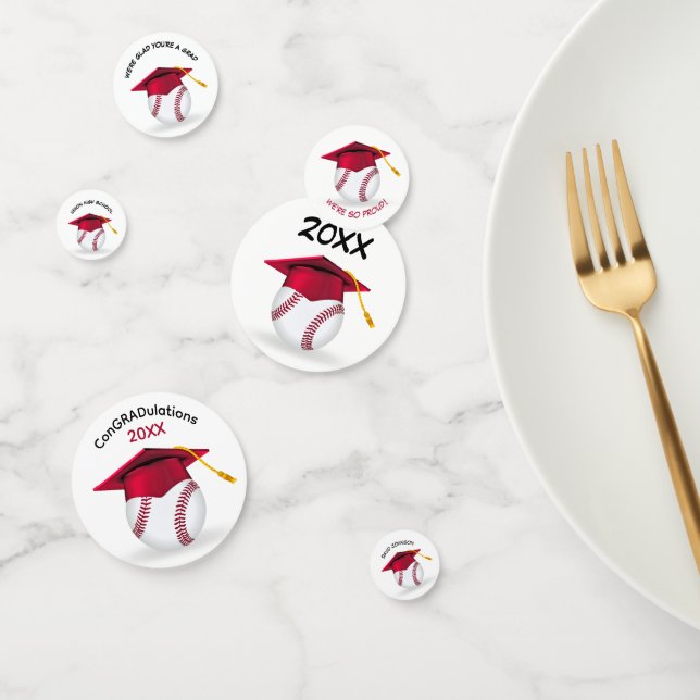 Red Graduation Cap On a Baseball Confetti (Group)