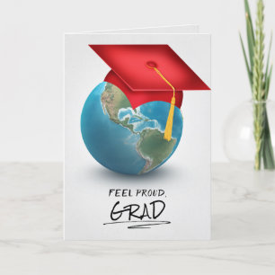 red graduation cap on globe card