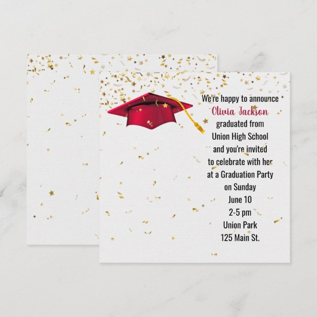 Red Graduation Cap with Gold Confetti Invitation (Front/Back)