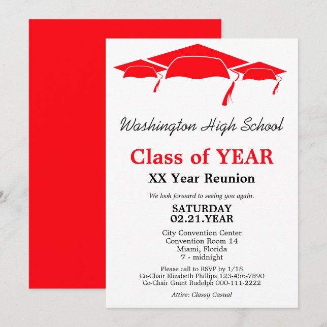Red Graduation Caps Class Reunion Template (Front/Back)