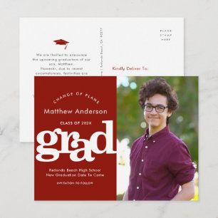 Red graduation change plans photo bold typography invitation postcard
