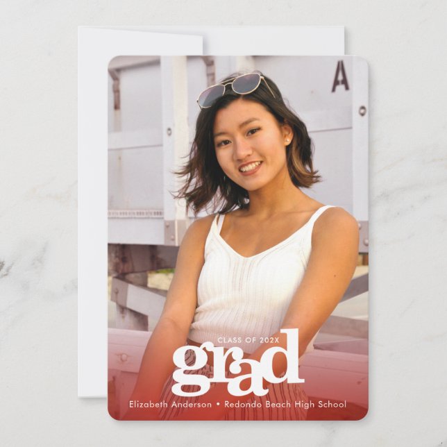 Red graduation custom photo bold simple modern announcement (Front)