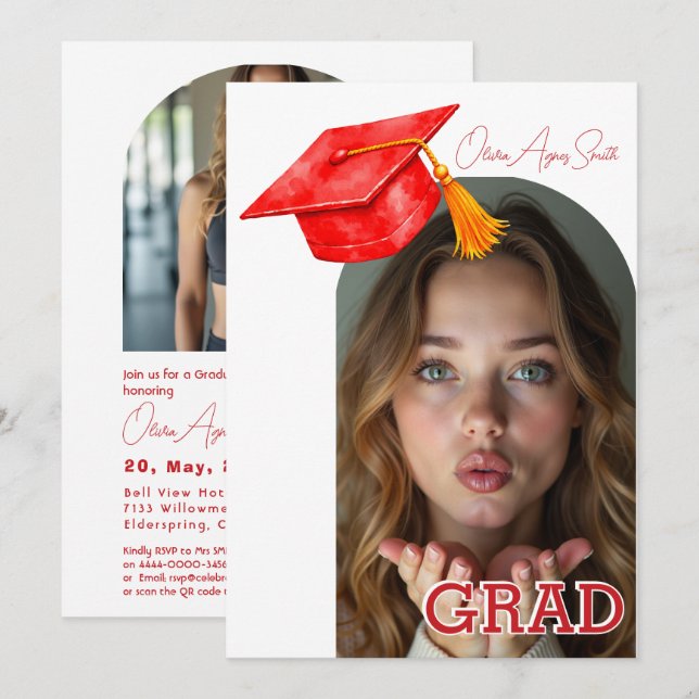 Red Graduation Hat Accent Dual‑Photo QR Code Invitation (Front/Back)
