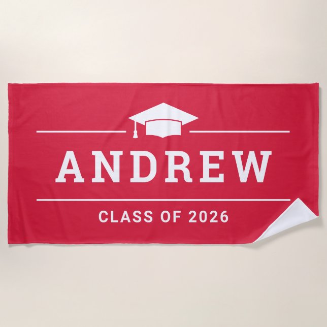 Red Graduation Party Personalized Name Beach Towel (Front)