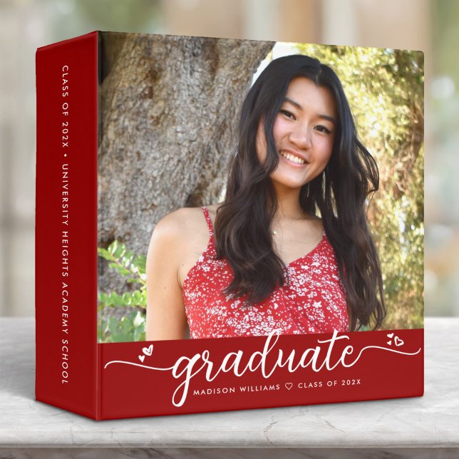 Red Graduation Photo Album Modern Script Hearts Binder (Creator Uploaded)