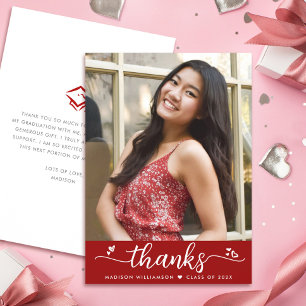 Red Graduation Photo Modern Script Elegant Hearts Thank You Card