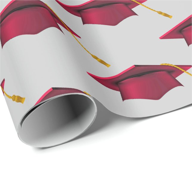 Red Graduations Caps on Grey Wrapping Paper (Roll Corner)