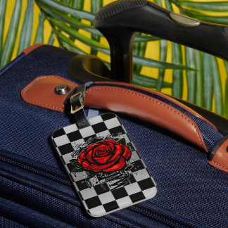 Red Graffiti Rose Silver Chrome Chequered Grunge Luggage Tag