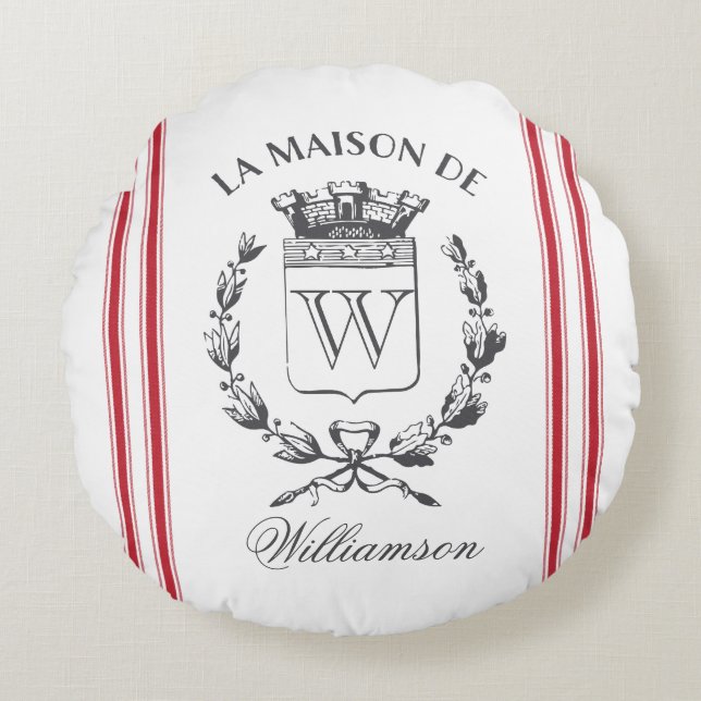 Red Grain Sack Custom Family Crest Round Coussin (Devant)
