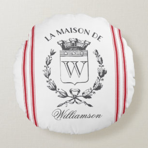 Red Grain Sack Custom Family Crest Round Pillow