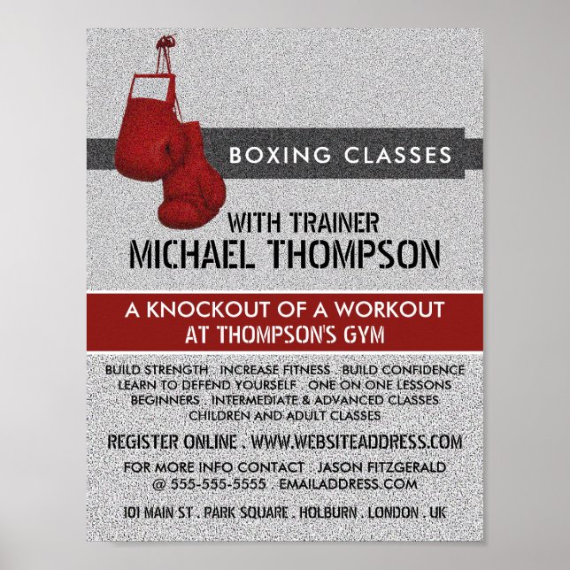 Red Grained Boxing Gloves, Boxing Class Advert Poster (Front)