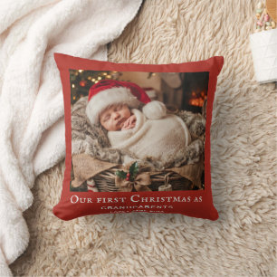 Red Grandparents First Christmas Baby Photo Throw Pillow