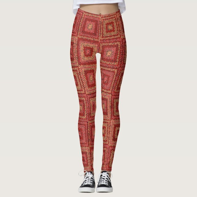 Red Granny Square Pattern Leggings (Front)