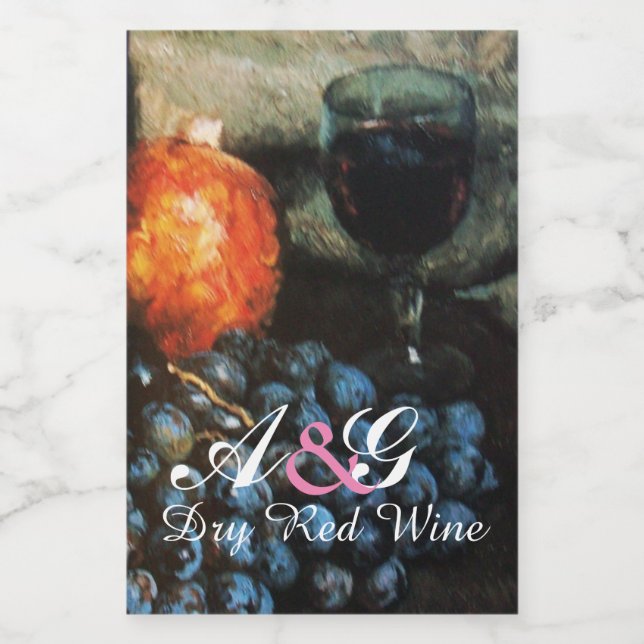 RED GRAPES, RED WINE GLASS, POMEGRANATE Artistic Wine Label (Single Label)