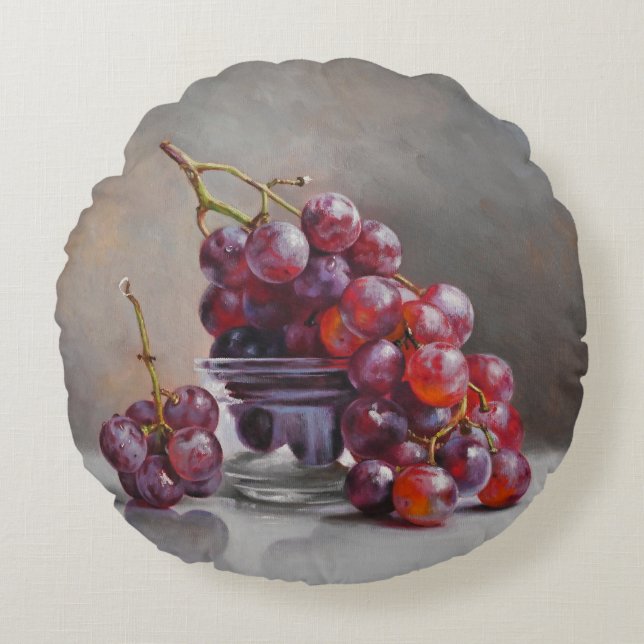 Red Grapes Still Life - from Original Oil Painting Round Pillow (Front)