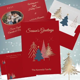 Red Graphic Christmas Trees Gold Foil Christmas Greeting Card