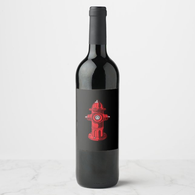 Red Graphic Fire Hydrant Firefighter Work Gifts Wine Label (Front)