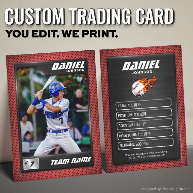 Red Graphite Baseball Trading Card Baseball Player (Custom Baseball Trading Card, Red Graphite Player Card)