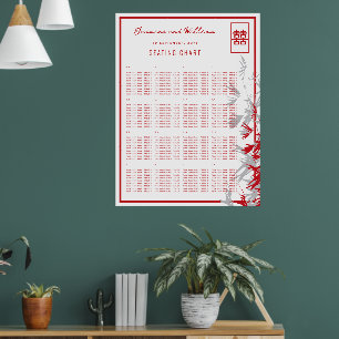 Red & Gray Bamboo Leaves Asian Wedding Seat Chart