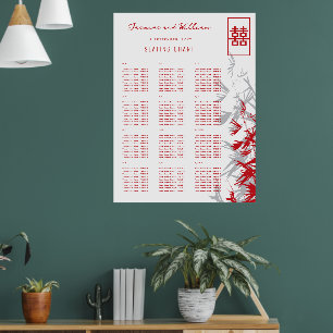 Red & Gray Bamboo Leaves Asian Wedding Seat Chart