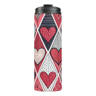 RED GRAY BLACK WHITE PATCHWORK VALENTINE HEARTS THERMAL TUMBLER