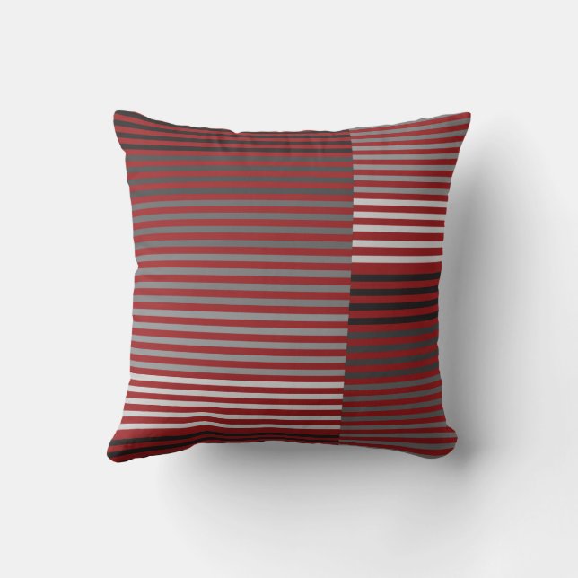 Red, Gray, Black, White Stripes Throw Pillow (Back)