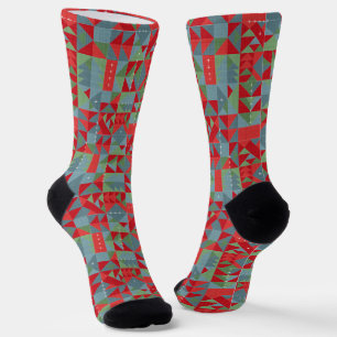 Red, gray, green geometric pattern. socks
