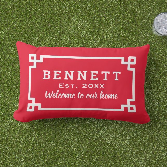 Red Greek Key Monogram Welcome Lumbar Pillow (Grass)