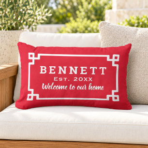 Red Greek Key Monogram Welcome Lumbar Pillow
