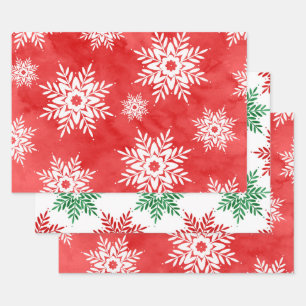 Red, Green Abstract Watercolor Snowflakes Wrapping Paper Sheet