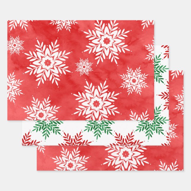 Red, Green Abstract Watercolor Snowflakes   Wrapping Paper Sheet (Set)