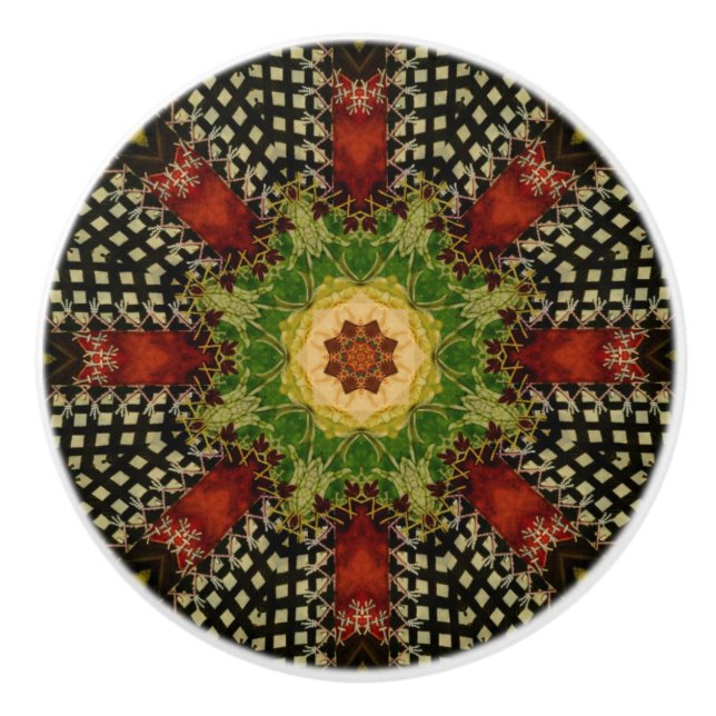 Red, Green, and Black Victorian Quilt Inspired  Ceramic Knob (Front)