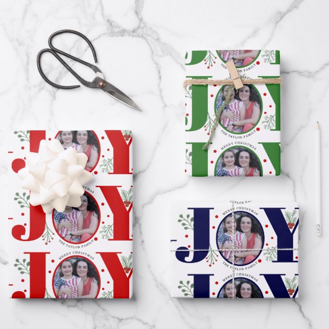 Red, green and blue Joy Christmas holiday photo Wrapping Paper Sheet (Front)