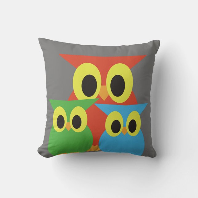 Red, Green and Blue Owls Throw Pillow (Front)