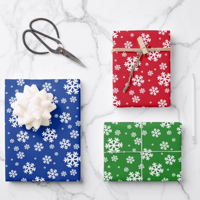 Red, Green and Blue Winter Snowflakes Patterns Wrapping Paper Sheet (Front)