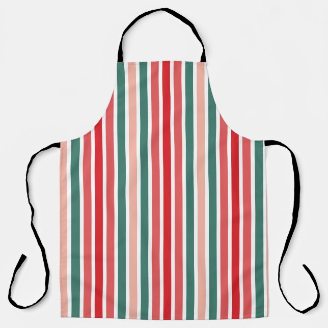 Red Green and Blush Striped Festive Apron (Front)