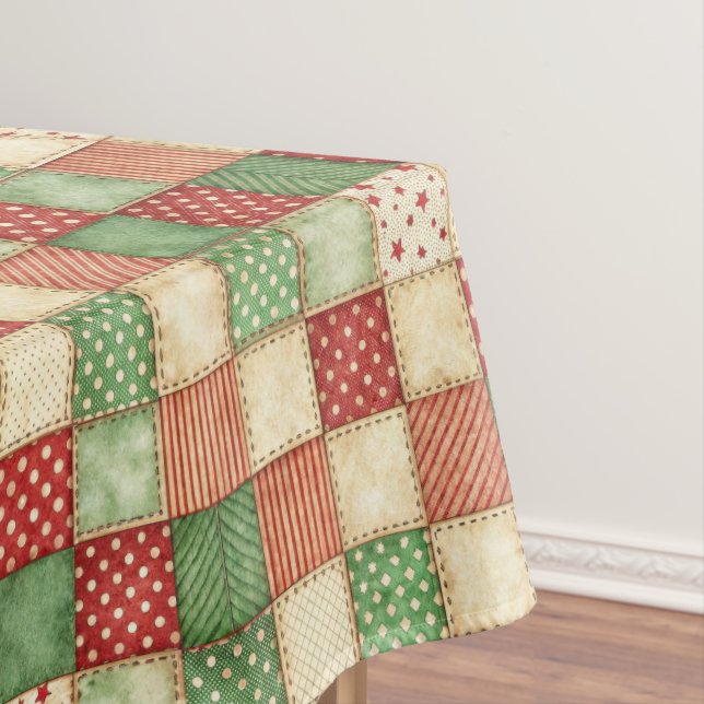 Red Green and Cream Patchwork Quilt Look  Tablecloth (In Situ)