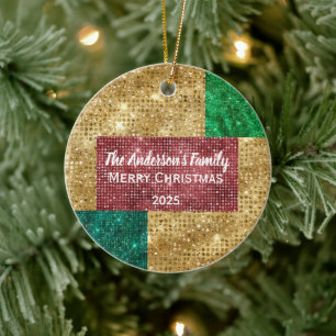 Red Green and Gold Glitter Family Name  Ceramic Ornament