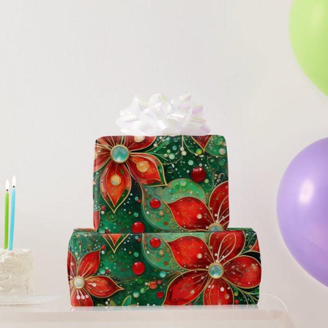 Red green and Gold Glittery Christmas Pattern Wrapping Paper (Party Gifts)
