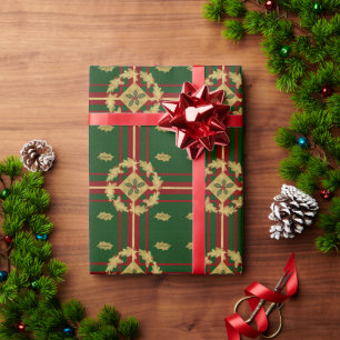 Red Green and Gold Holly and Berry with Stripes Wrapping Paper