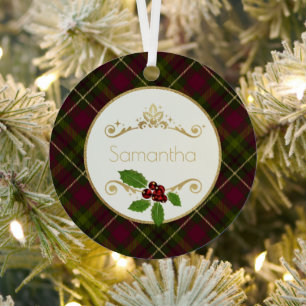 Red, Green And Gold Plaid With Name Christmas Metal Ornament