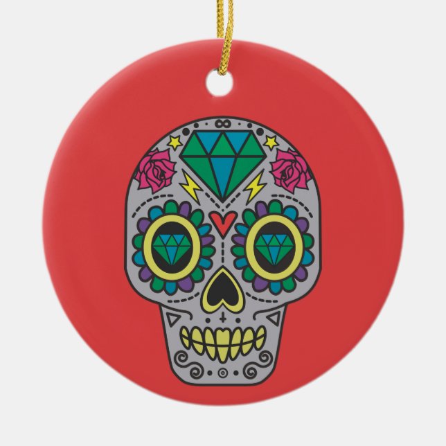 Red Green and Grey Crystal Day of Dead Ceramic Ornament (Front)