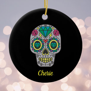 Red Green and Grey Crystal Day of Dead on Black Sn Ceramic Ornament